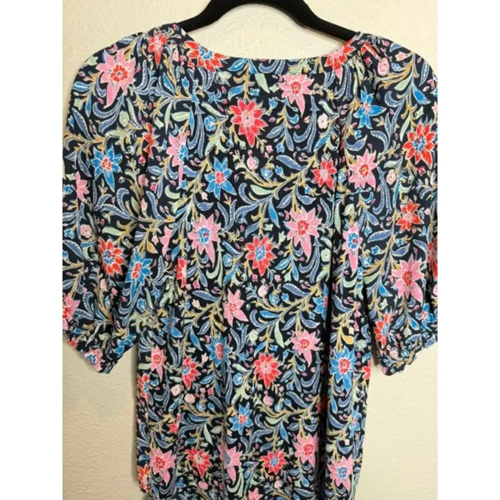 Loft Deep V-Neck Colorful Floral Blouse Puff Sleeve Sz Large